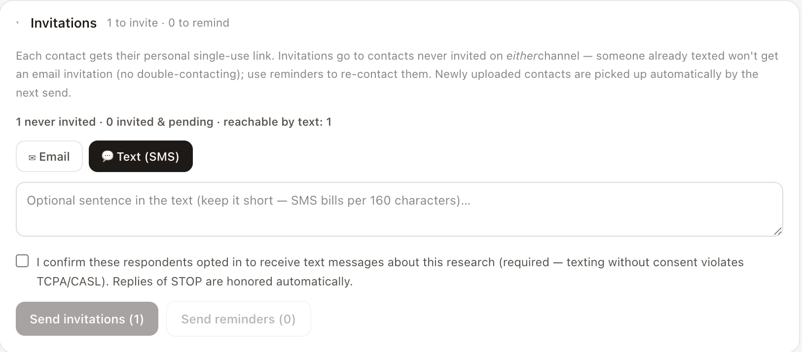 Screenshot of Wavefield's SMS consent attestation checkbox in the Audience panel: 'I confirm these respondents opted in to receive text messages about this research (required — texting without consent violates TCPA/CASL). Replies of STOP are honored automatically.'